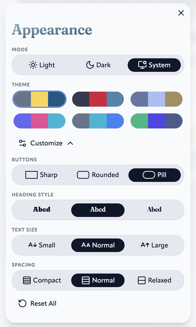 Appearance customization options include: colors, button styles, font styles, and spacing.